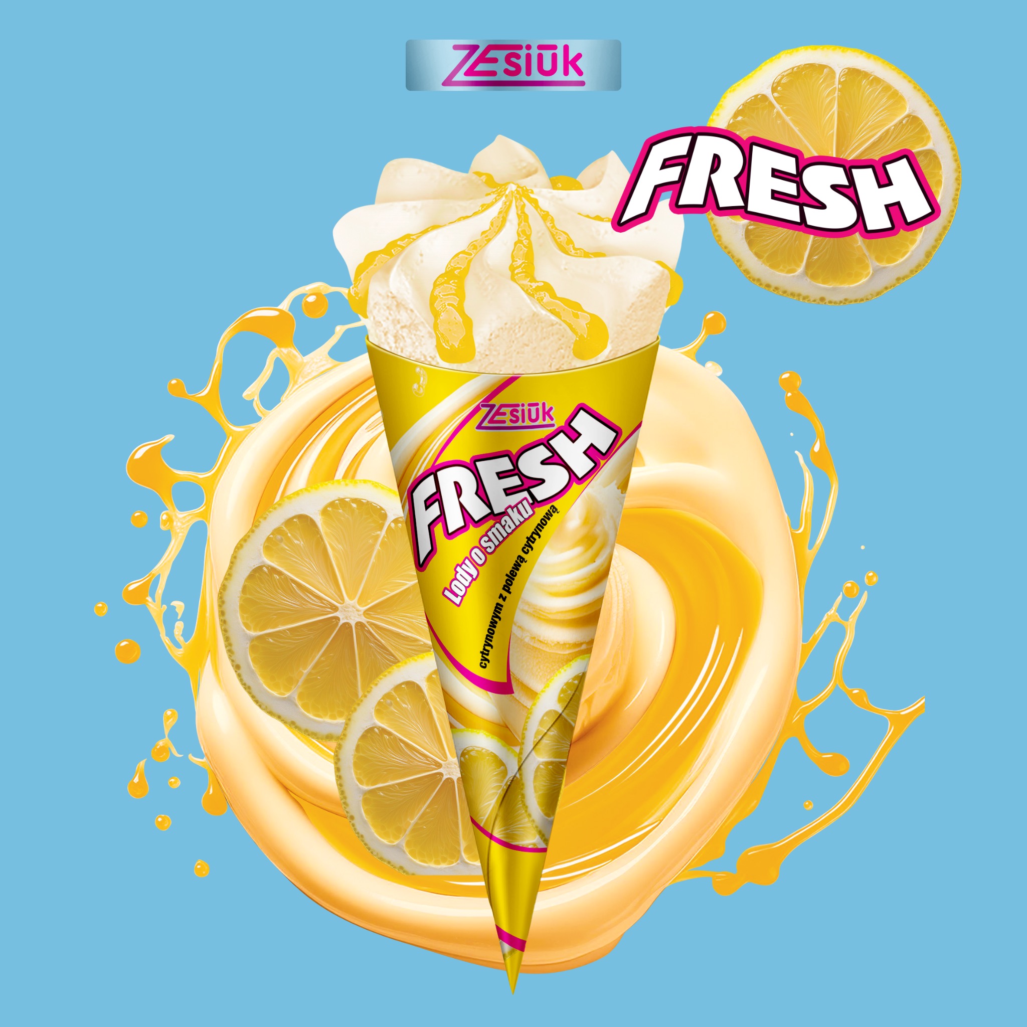 Grafika lodów cytrynowych 'FRESH' marki Zesiuk na błękitnym tle z elementami cytryn i rozpryskującej się polewy. Żółto-biała kolorystyka, nowoczesny design.