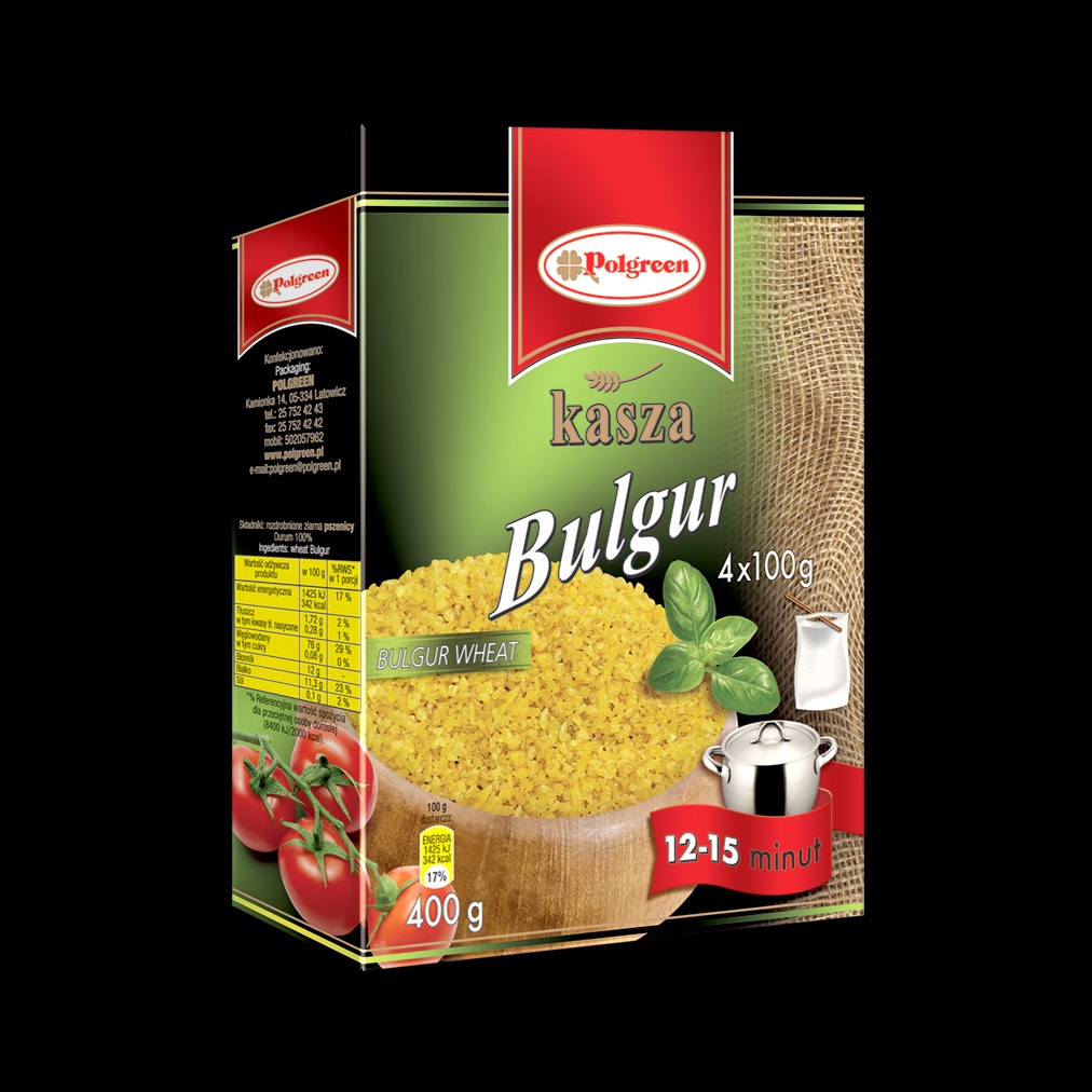 Opakowanie kaszy Bulgur marki Polgreen, z widocznymi informacjami o produkcie, składnikach i wartościach odżywczych, a także sugestią podania z pomidorami.