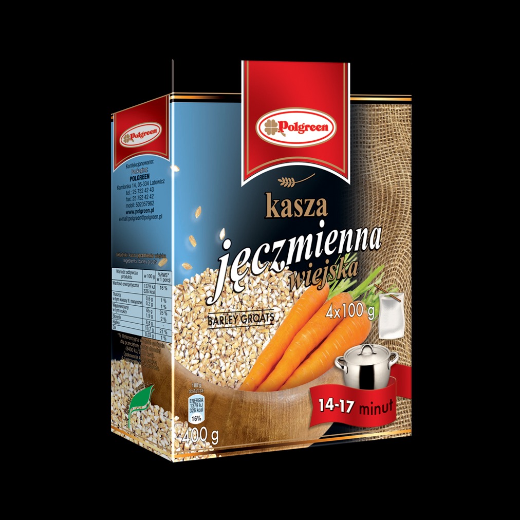 Opakowanie kaszy jęczmiennej wiejskiej Polgreen z marchewkami, garnkiem i informacją o czasie gotowania. Ujęcie z bliska, skupiające się na froncie opakowania.