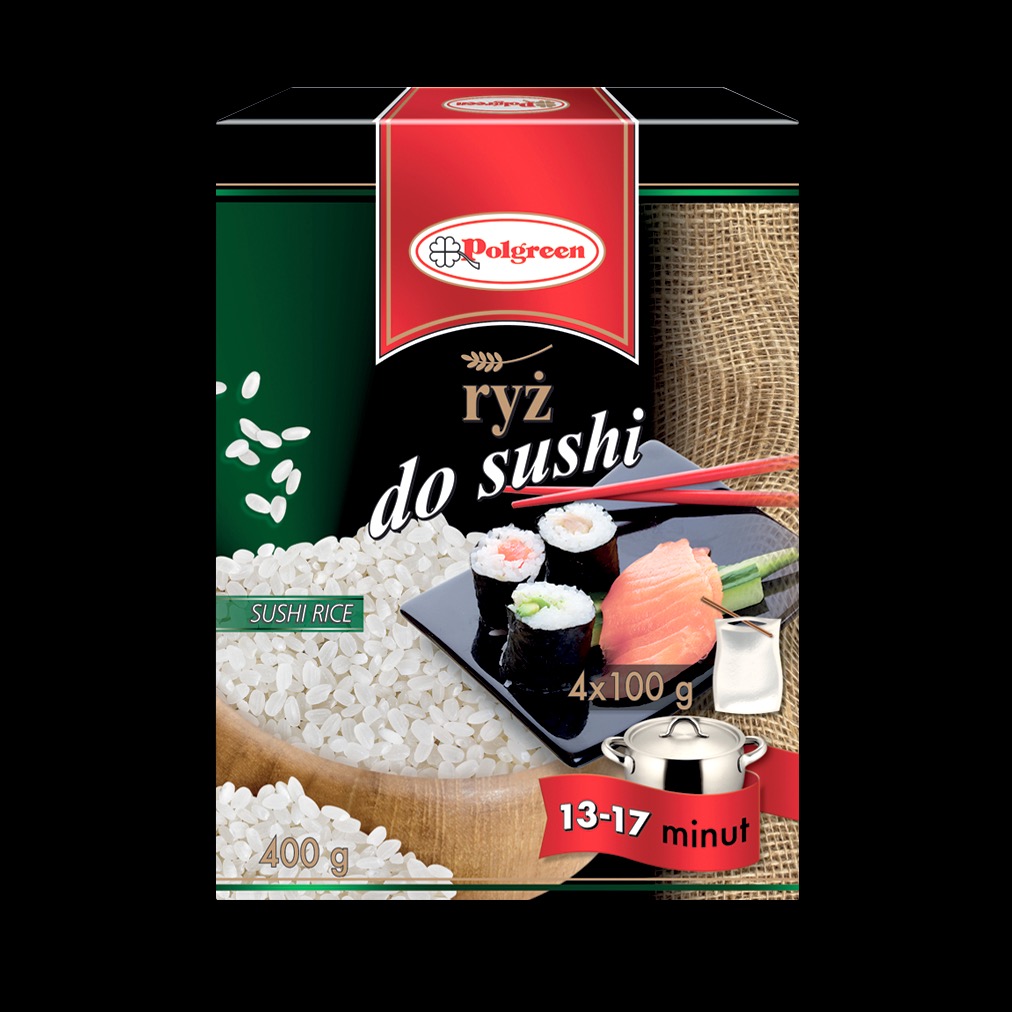 Opakowanie ryżu do sushi marki Polgreen, z widocznymi ziarnami ryżu, gotowymi rolkami sushi i informacją o czasie gotowania. Dominująca kolorystyka: czerwień, zieleń i czerń.