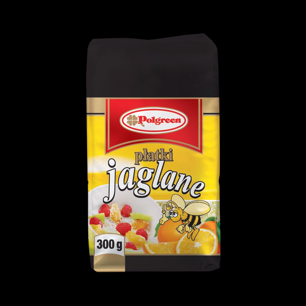 Opakowanie płatków jaglanych Polgreen 300g z owocami i pszczołą na żółtym tle. Czerwona etykieta z logo. Produkt spożywczy na czarnym tle.