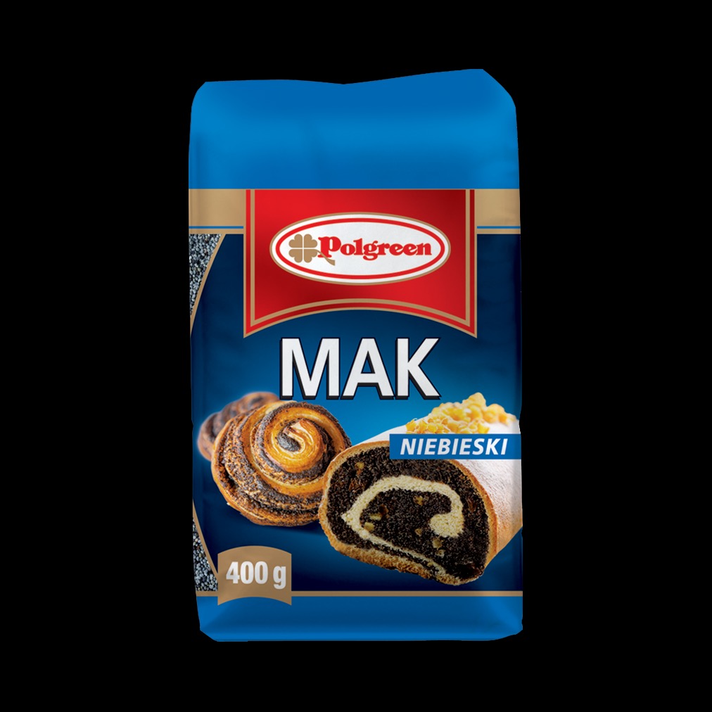 Opakowanie maku Polgreen z roladą makową i zawijanym ciastem. Dominujący kolor niebieski, widoczne logo firmy i waga produktu.