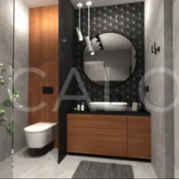 Nowoczesna łazienka z drewnianą szafką pod umywalką, okrągłym lustrem na tle czarnej, geometrycznej ściany. Minimalistyczne oświetlenie i szara, kamienna podłoga.