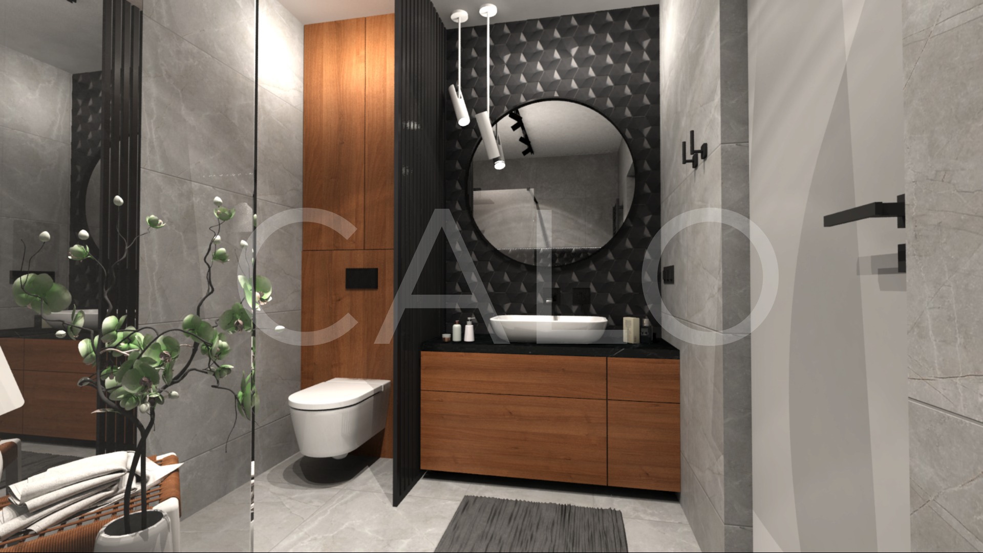 Nowoczesna łazienka z drewnianą szafką pod umywalką, okrągłym lustrem na tle czarnej, geometrycznej ściany. Minimalistyczne oświetlenie i szara, kamienna podłoga.