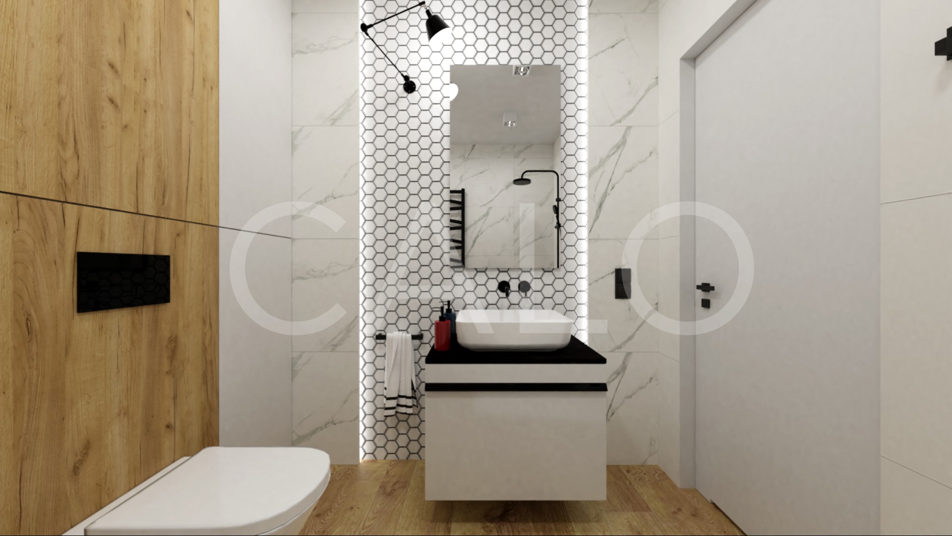 Nowoczesna łazienka z drewnianą ścianą, białą ceramiką i heksagonalnymi płytkami. Umywalka nablatowa i czarne akcenty oświetlenia.