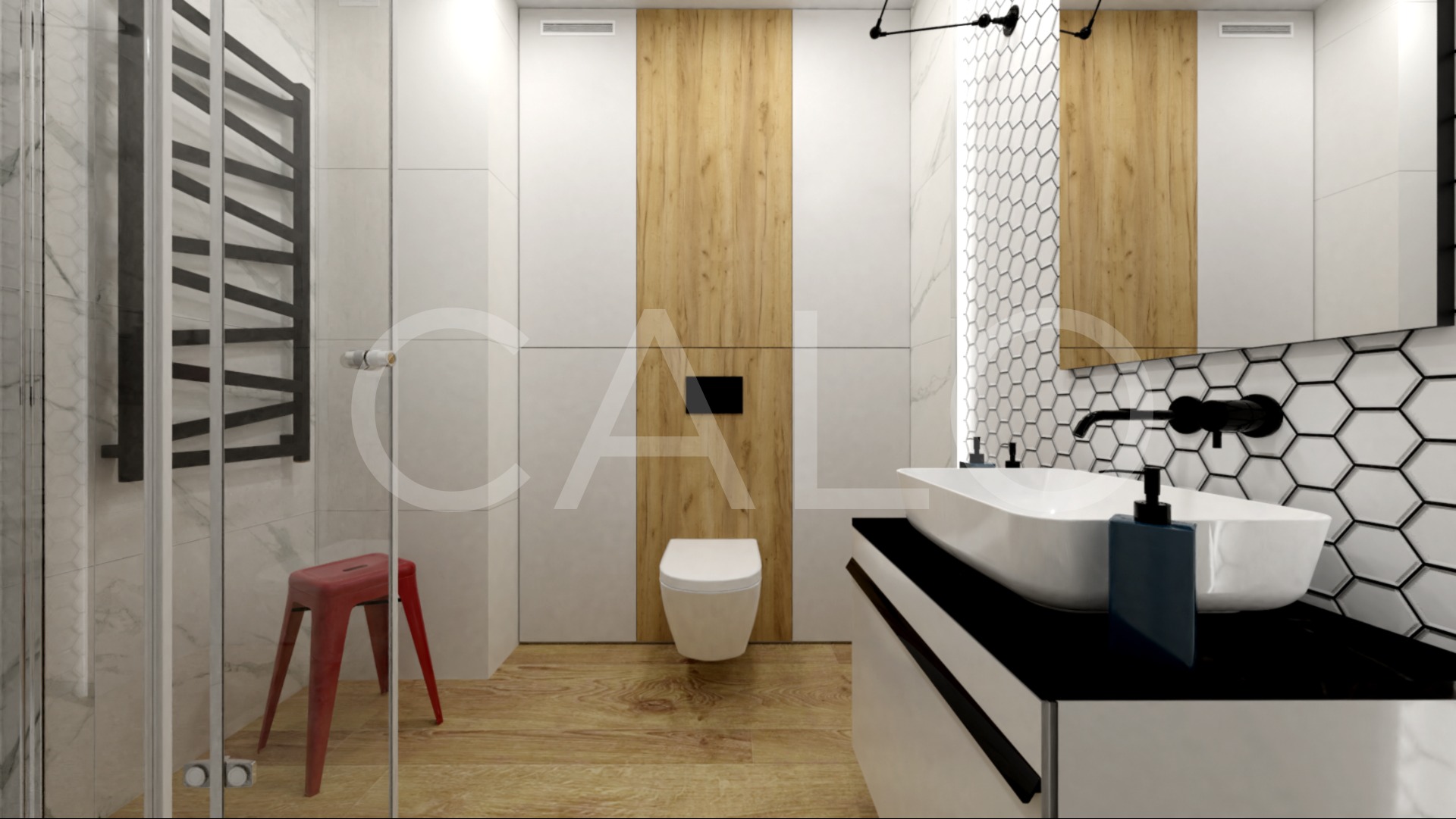 Nowoczesna łazienka z umywalką nablatową, heksagonalnymi płytkami, drewnianym akcentem i czerwonym stołkiem pod prysznicem.