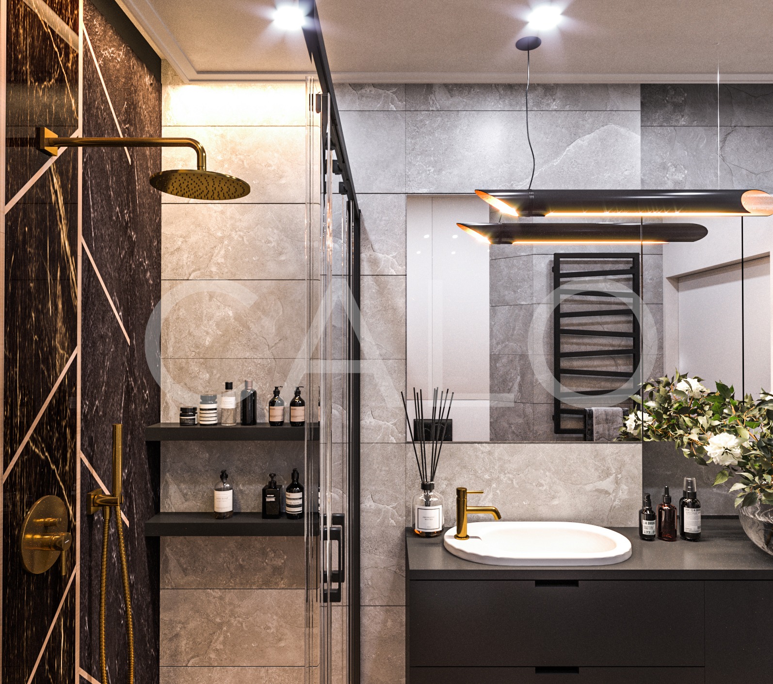 Nowoczesna łazienka z czarną armaturą, marmurowymi płytkami i designerskim oświetleniem. Uwagę zwraca złoty deszczownica i minimalistyczna umywalka.