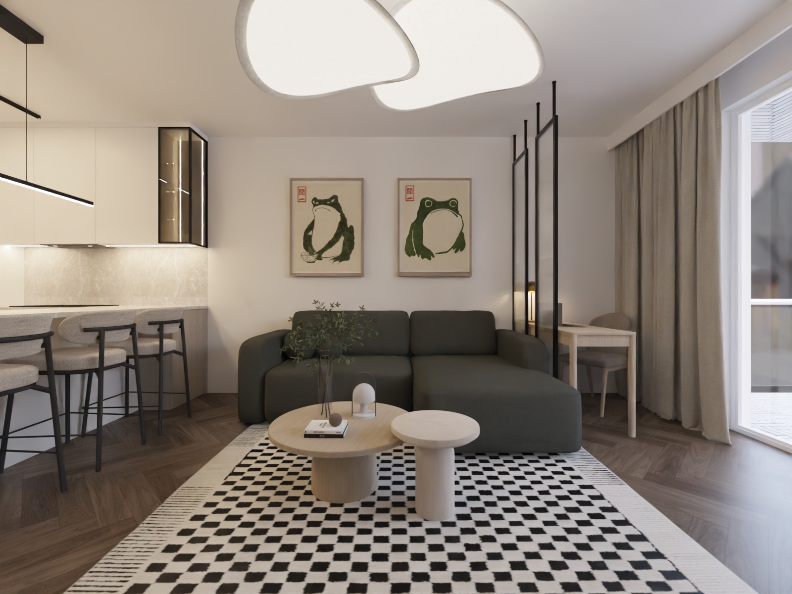 Nowoczesny salon z sofą w odcieniach zieleni, stolikami kawowymi i wzorzystym dywanem. Na ścianie grafiki z żabami. Całość doświetlona lampą sufitową.