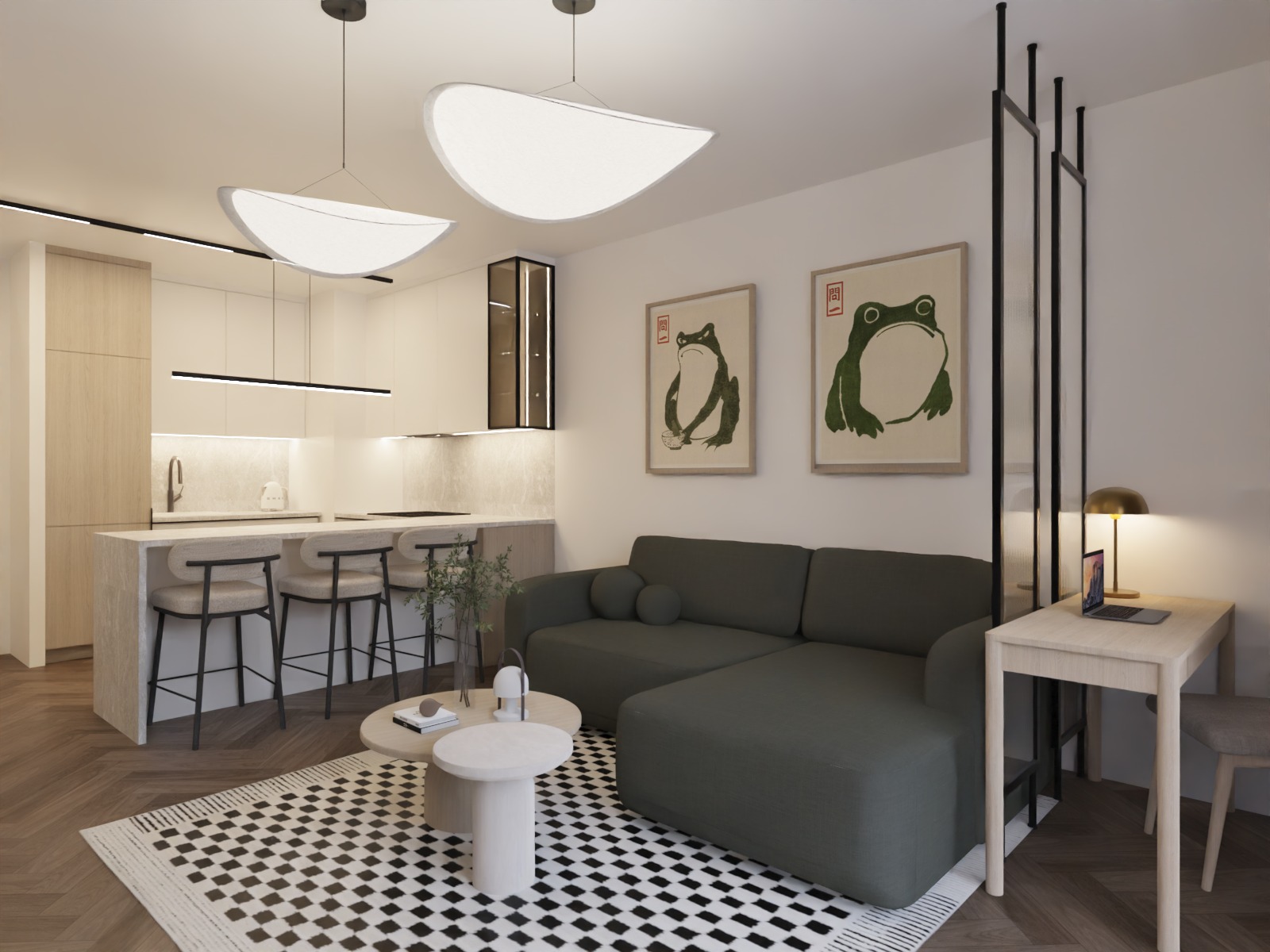 Nowoczesne wnętrze: aneks kuchenny z wyspą, szara sofa narożna, stoliki kawowe na czarno-białym dywanie, grafiki żab na ścianie, oddzielone szklaną ścianką.