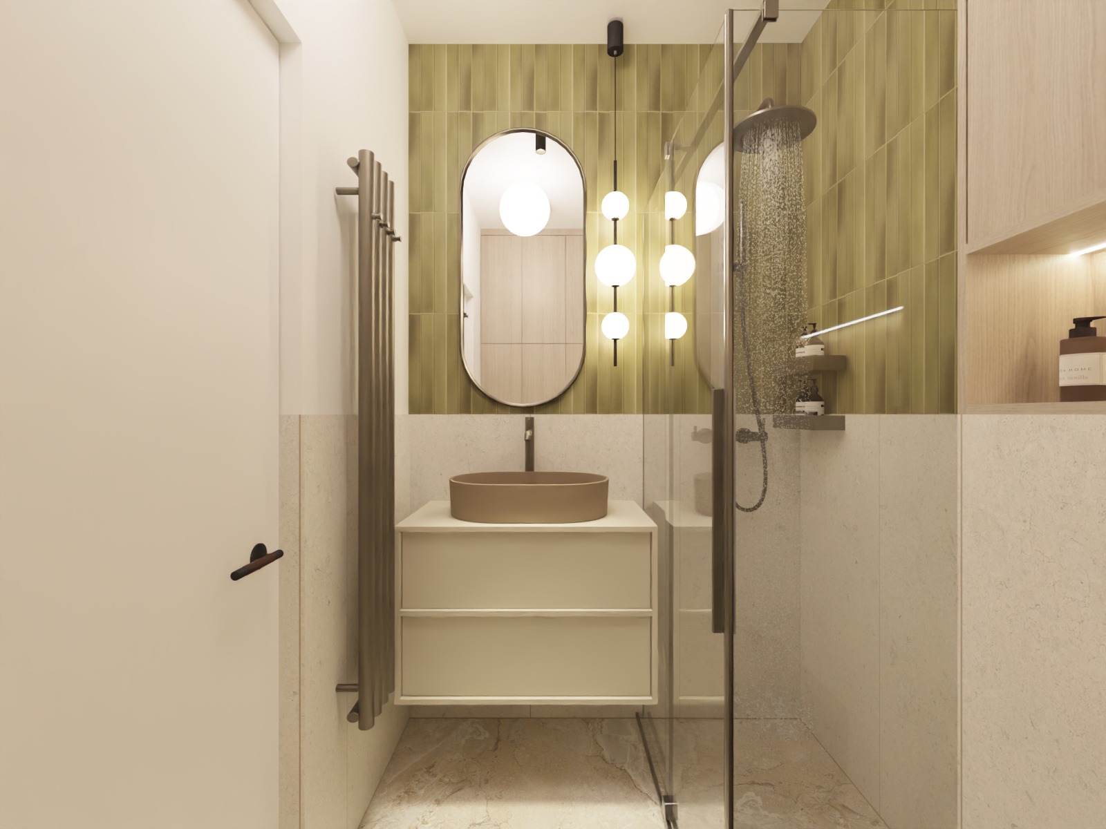 Nowoczesna łazienka z owalnym lustrem, beżową umywalką nablatową i zielonymi płytkami. Kabina prysznicowa ze szklaną ścianą i deszczownicą.