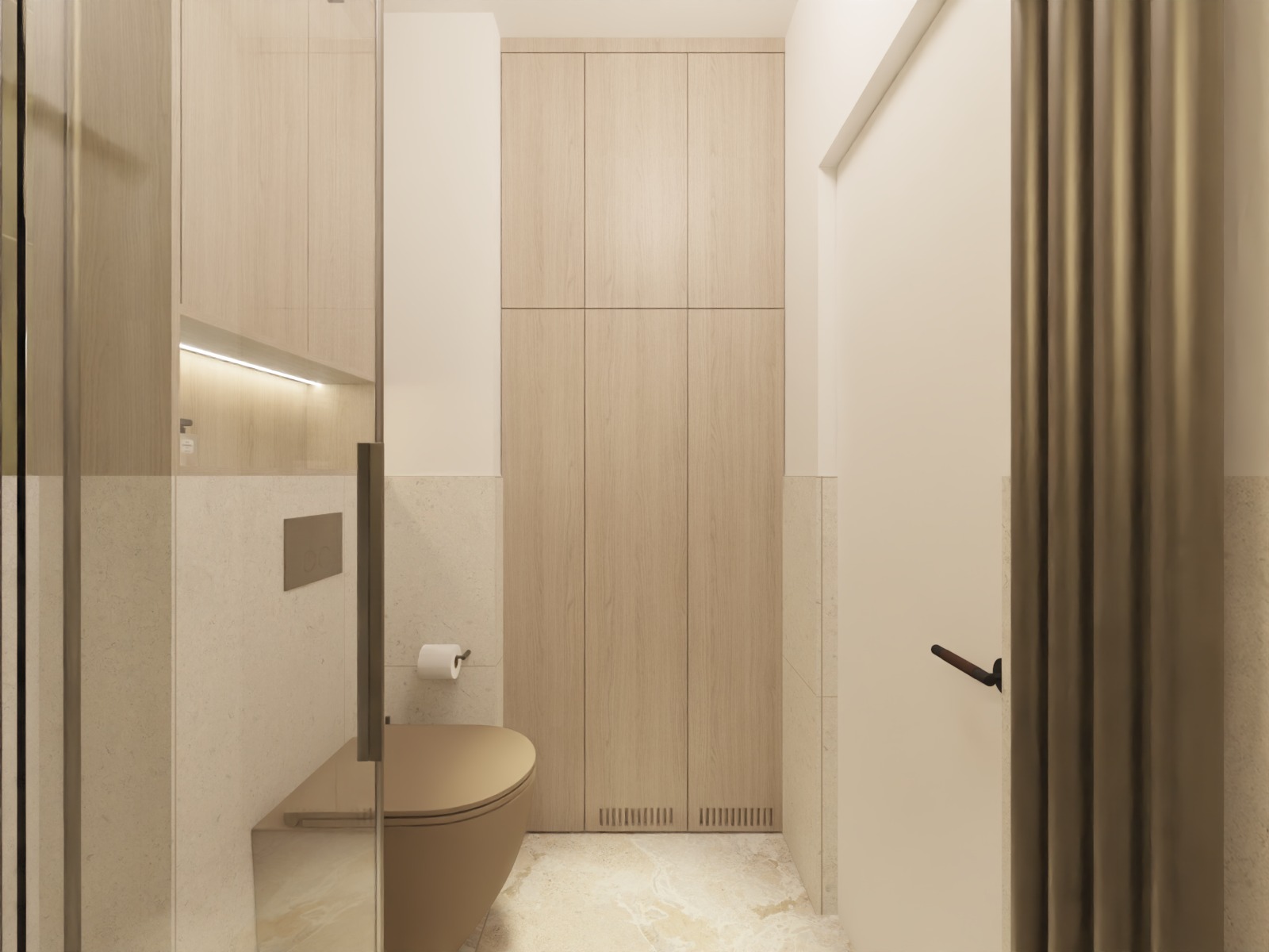 Beżowa łazienka z toaletą w kolorze cappuccino, szafkami z jasnego drewna i marmurowymi płytkami. Minimalistyczny design z akcentem na naturalne materiały.