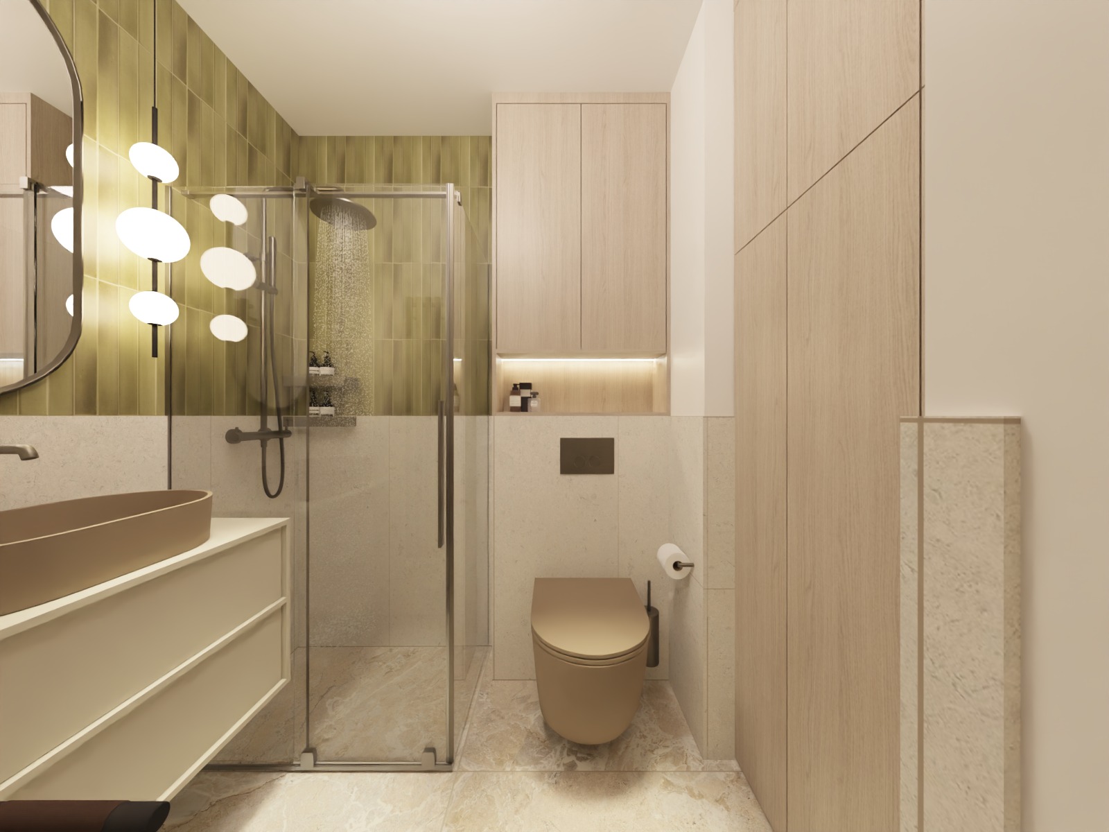 Beżowo-zielona łazienka z kabiną prysznicową typu walk-in, umywalką nablatową i wiszącą toaletą w odcieniach beżu. Oświetlenie punktowe i szafki z jasnego drewna.
