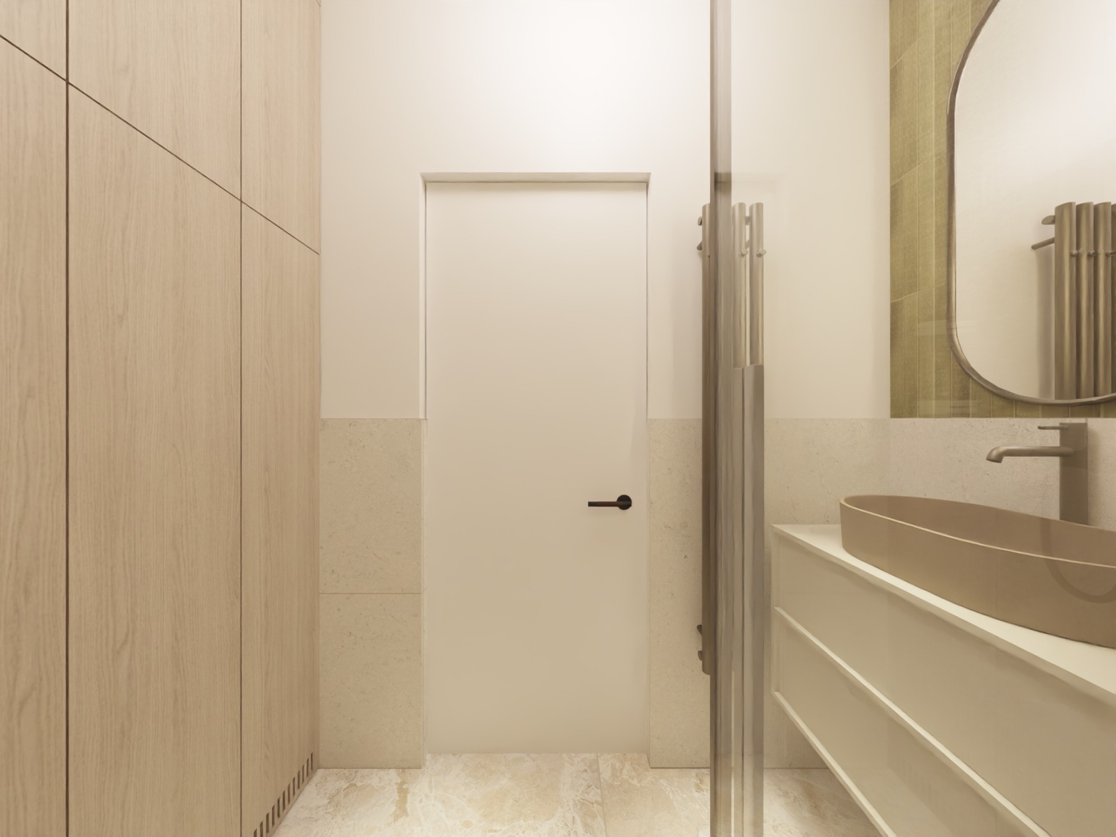 Minimalistyczna łazienka: beżowa umywalka nablatowa, lustro w owalnej ramie, kabina prysznicowa ze szklaną ścianką i drewniana szafa w zabudowie.