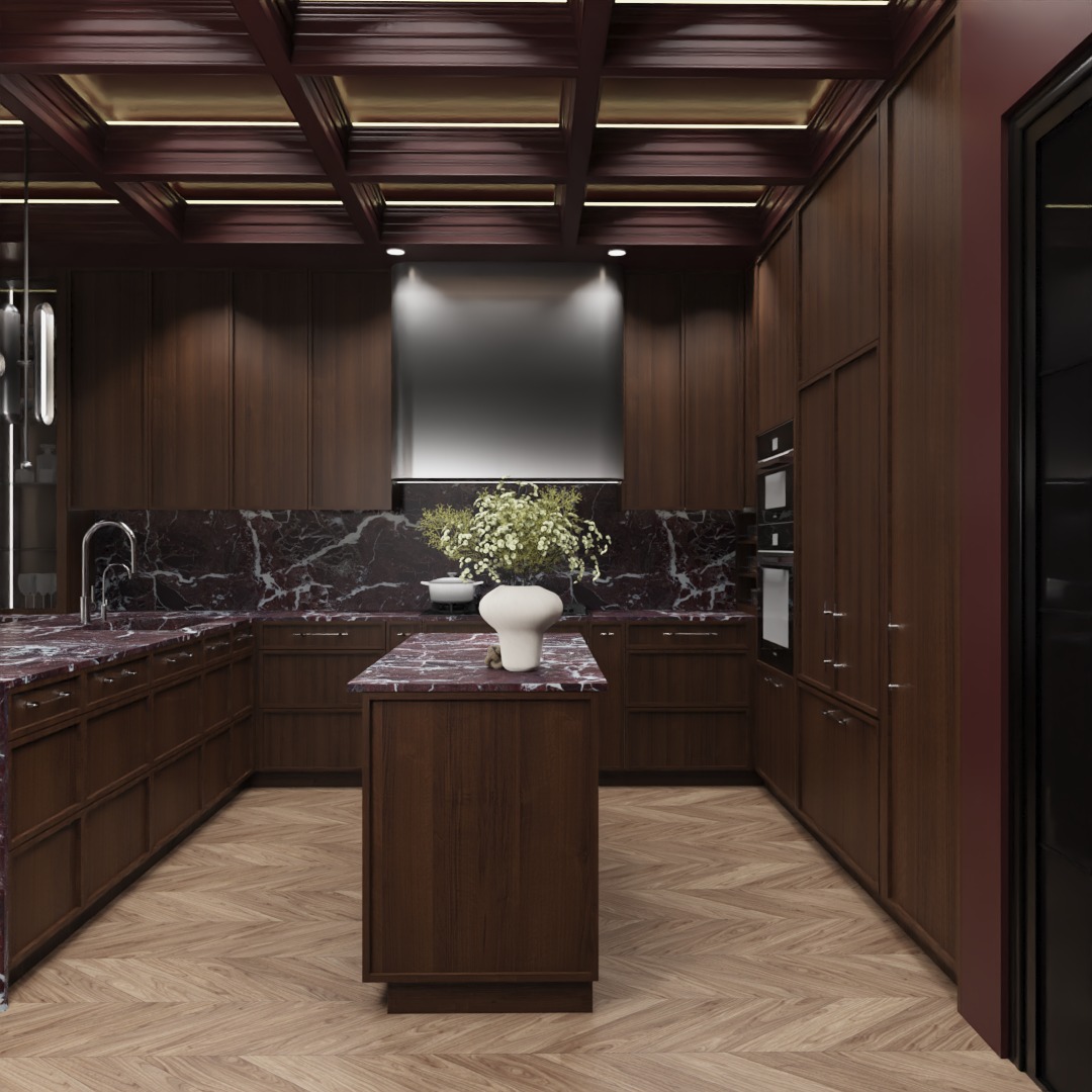Elegancka kuchnia w odcieniach brązu z marmurowymi blatami i wyspą. Parkiet w jodełkę, nowoczesne oświetlenie i srebrny okap dodają luksusowego charakteru.