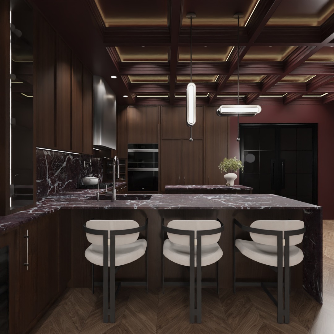 Elegancka kuchnia w odcieniach bordo i brązu z marmurowym blatem i designerskimi hokerami. Oświetlenie punktowe i geometryczny sufit dodają luksusowego charakteru.