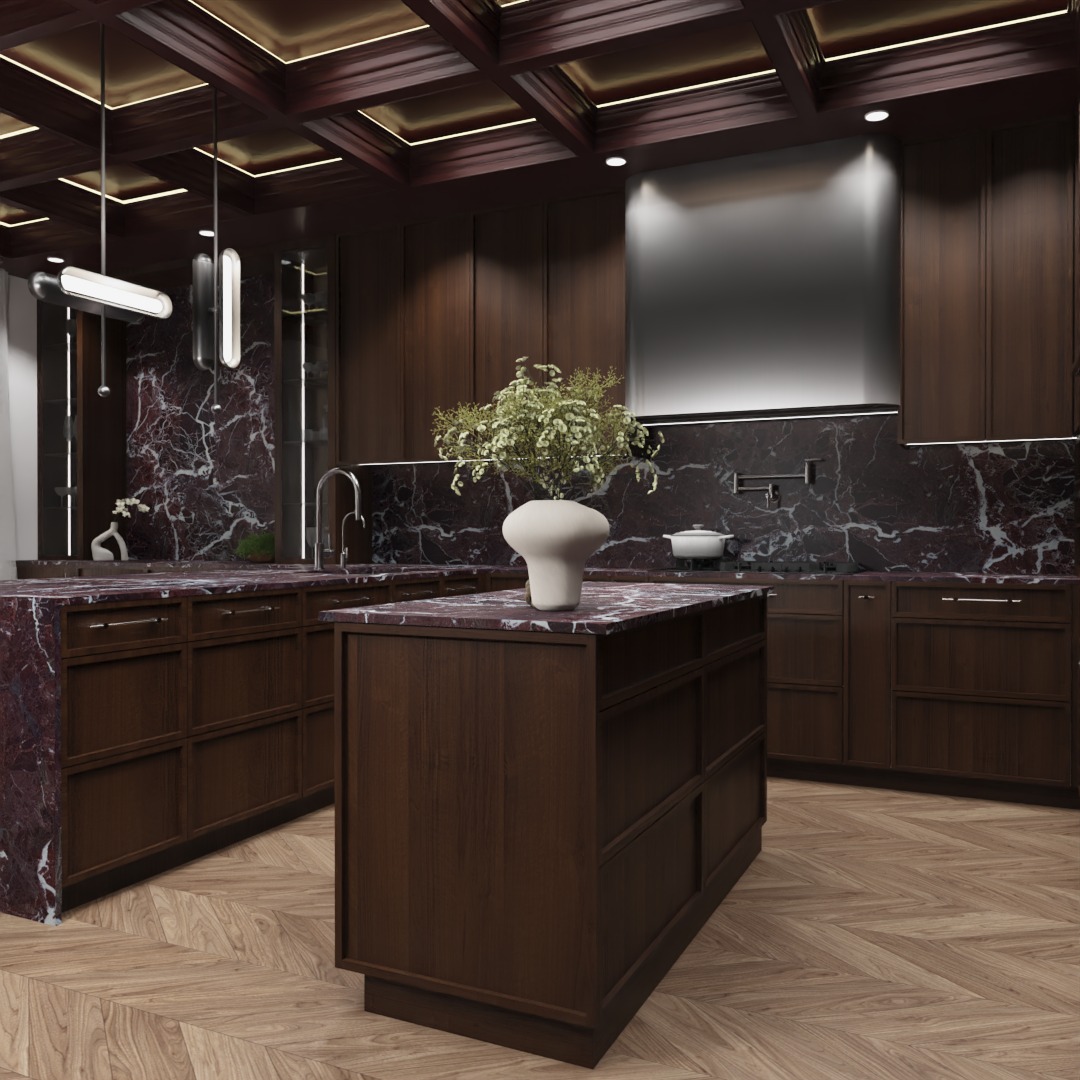 Elegancka, ciemna kuchnia z wyspą i marmurowym blatem. Oświetlenie sufitowe podkreśla luksusowy charakter wnętrza. Na wyspie wazon z roślinami.