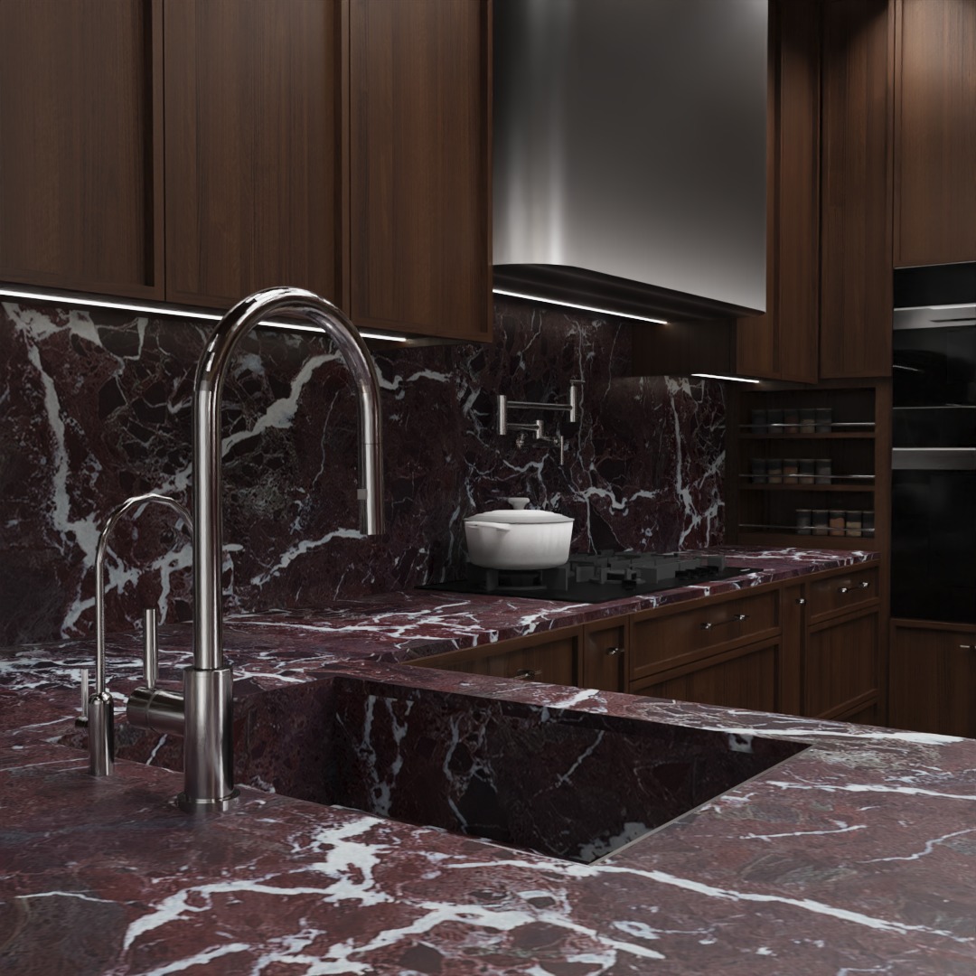 Nowoczesna kuchnia z blatem i ścianą z czerwonego marmuru, chromowana armatura, drewniane szafki i oświetlenie LED pod szafkami. Widoczny fragment płyty grzewczej i okapu.