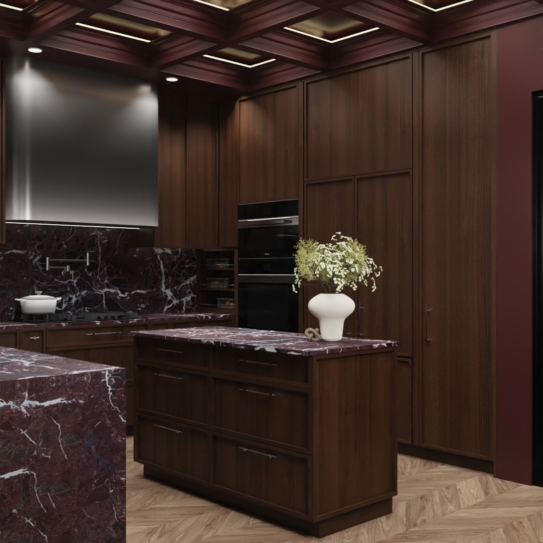 Elegancka kuchnia z ciemnego drewna i marmuru, z wyspą kuchenną i kwiatami w wazonie. Parkiet w jodełkę, oświetlenie sufitowe. Nowoczesny design.