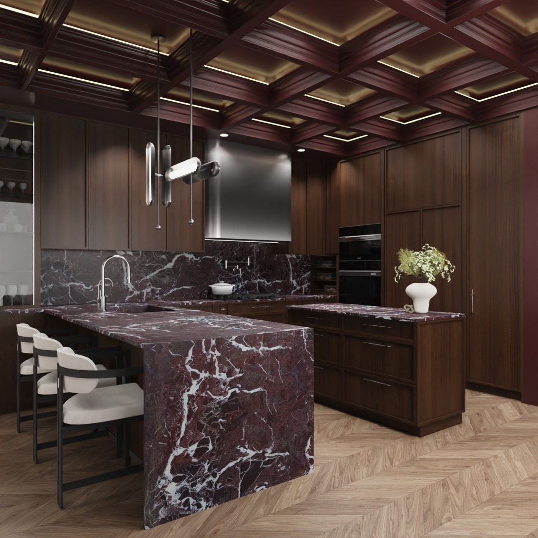 Nowoczesna kuchnia z ciemnego drewna i marmurowymi blatami. Wyspa kuchenna z krzesłami barowymi. Oświetlenie sufitowe podkreśla geometryczny wzór. Parkiet w jodełkę.