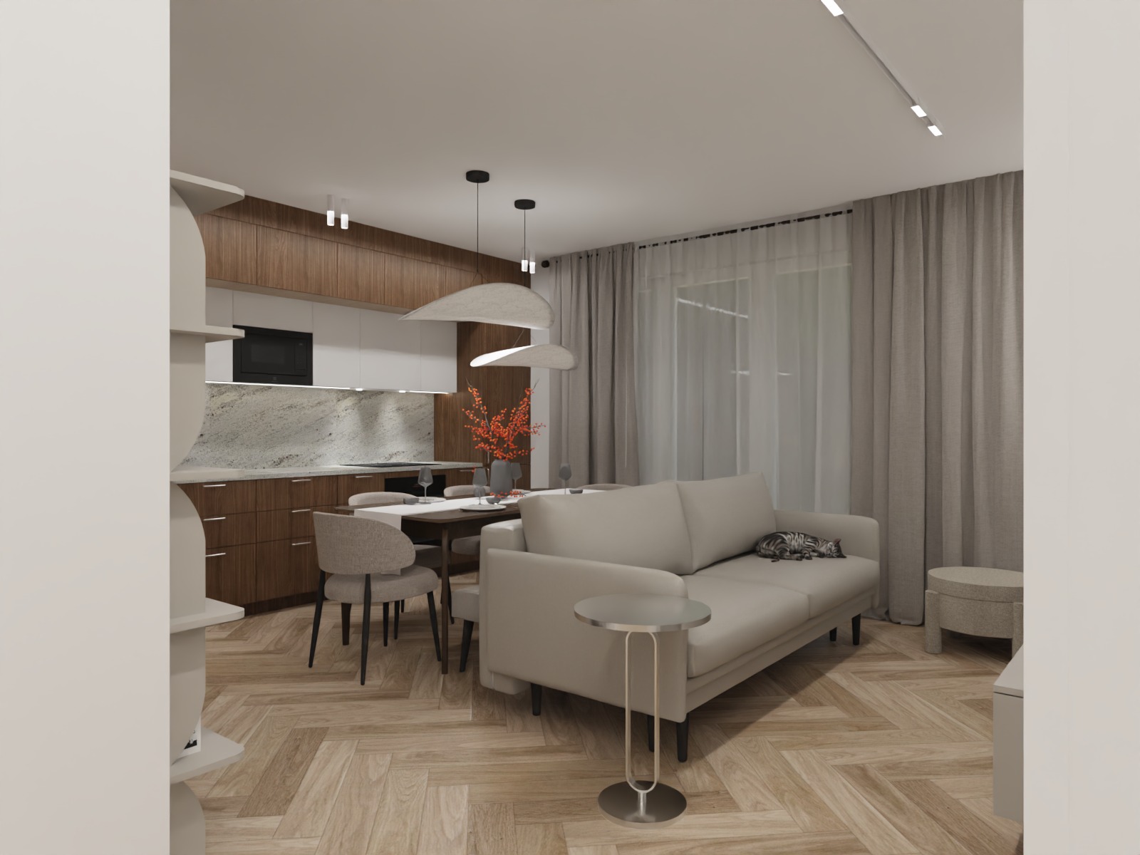Jasne wnętrze z drewnianą podłogą w jodełkę. W tle kuchnia z drewnianymi szafkami i marmurowym blatem, stół z krzesłami i szara sofa z kotem. Minimalistyczny design.