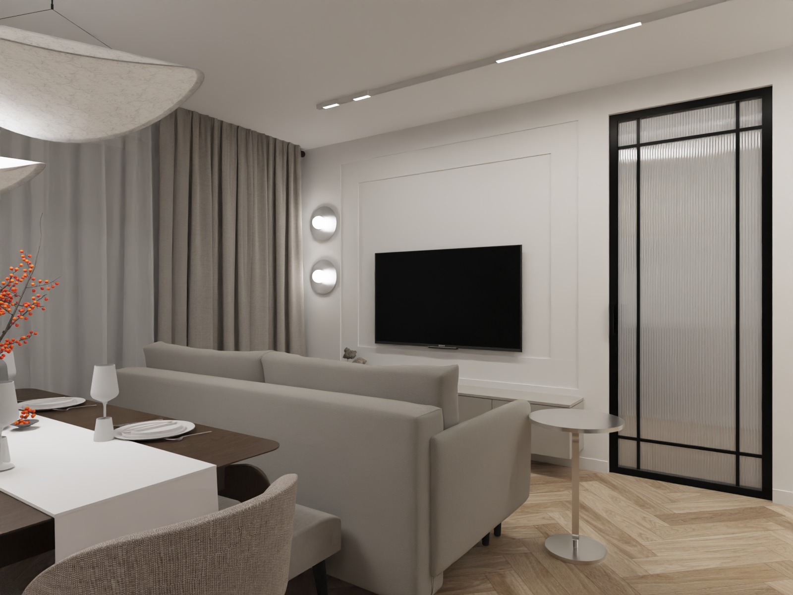 Jasne wnętrze salonu z jadalnią: beżowa sofa, stół z nakryciem, telewizor na ścianie, dekoracyjne lampy i parkiet w jodełkę. Minimalistyczny design.