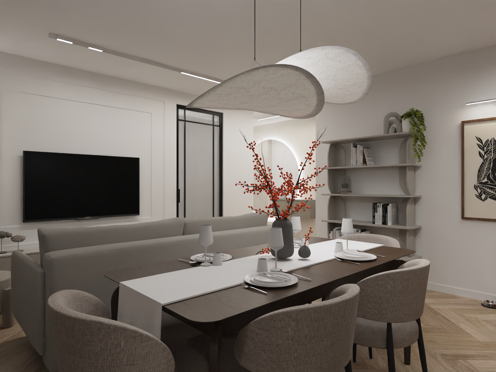 Nowoczesna aranżacja salonu z jadalnią: stół z nakryciem, szara sofa, designerskie lampy i regał z dekoracjami. Minimalistyczny wystrój w jasnych barwach.