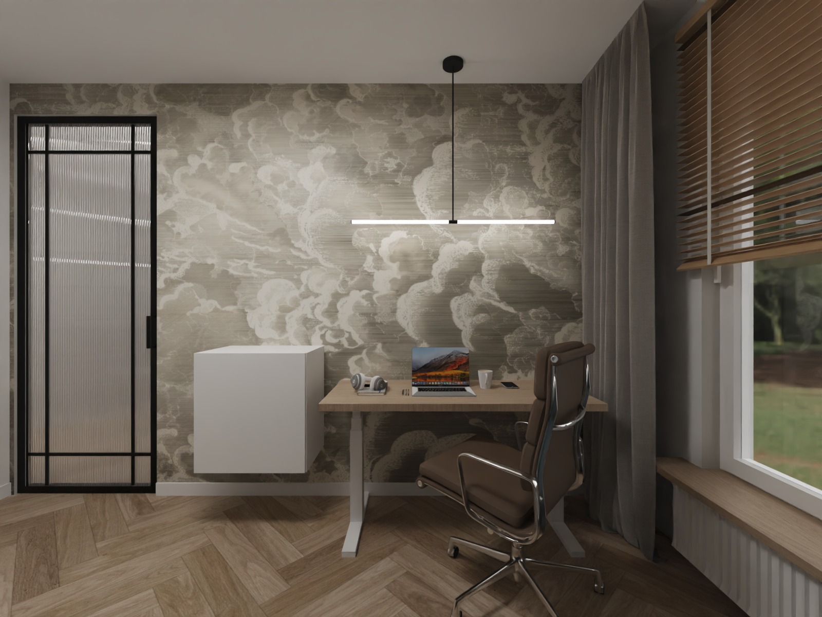 Aranżacja domowego biura w Warszawie: biurko z laptopem, krzesło obrotowe, designerska lampa i tapeta w chmury tworzą inspirującą przestrzeń do pracy.