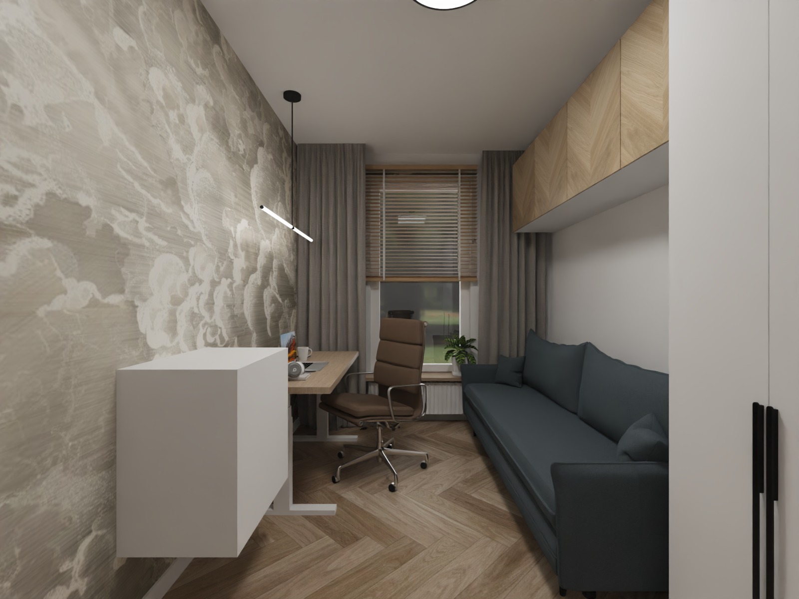 Nowoczesny pokój z biurkiem, sofą i wzorzystą tapetą. Minimalistyczna lampa, drewniana podłoga w jodełkę. Stonowana kolorystyka, przytulne wnętrze.