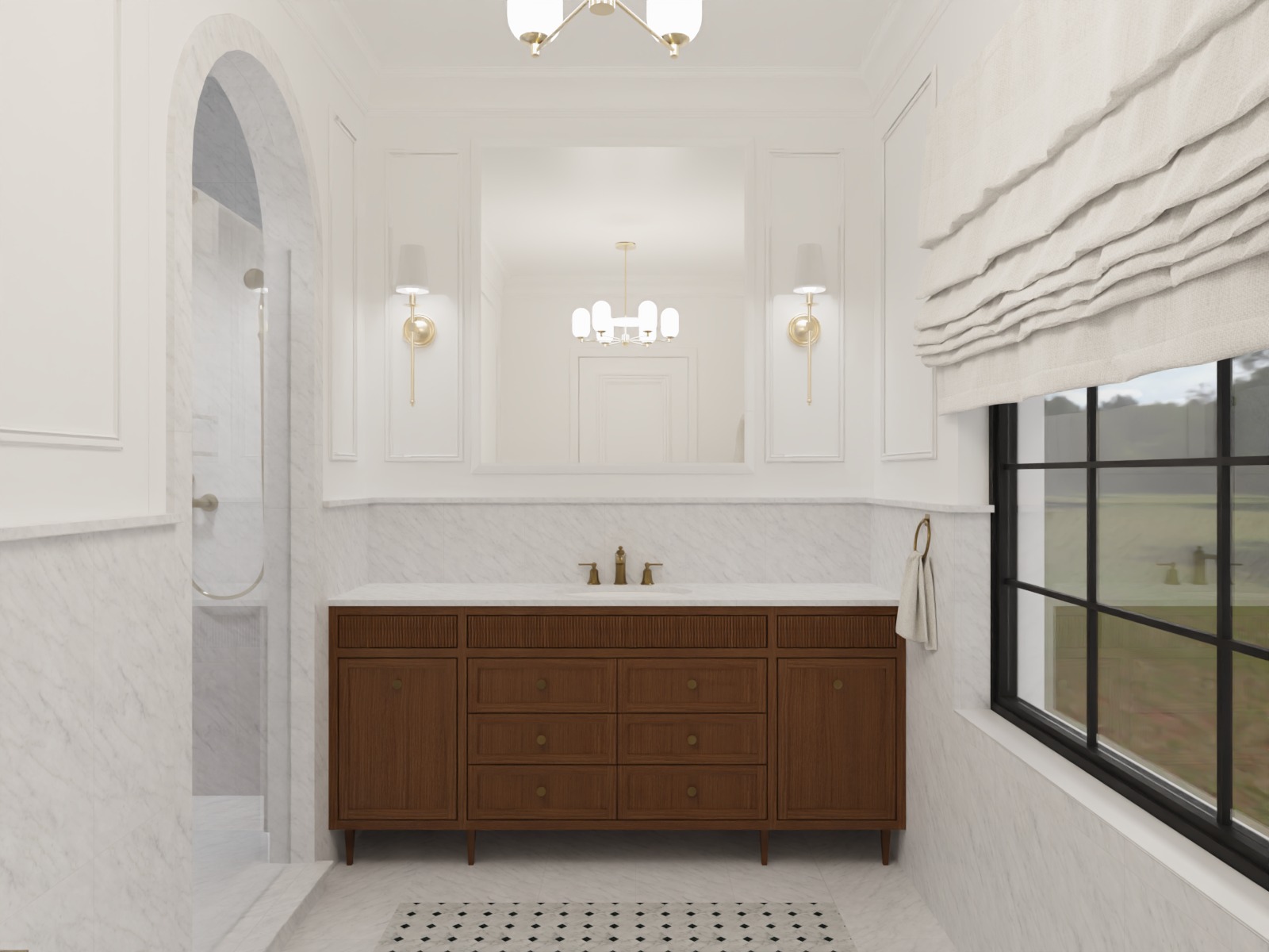 Elegancka łazienka w bieli i brązie: marmurowe ściany, drewniana szafka pod umywalką, okno z roletą rzymską i kabina prysznicowa z łukowym wejściem.