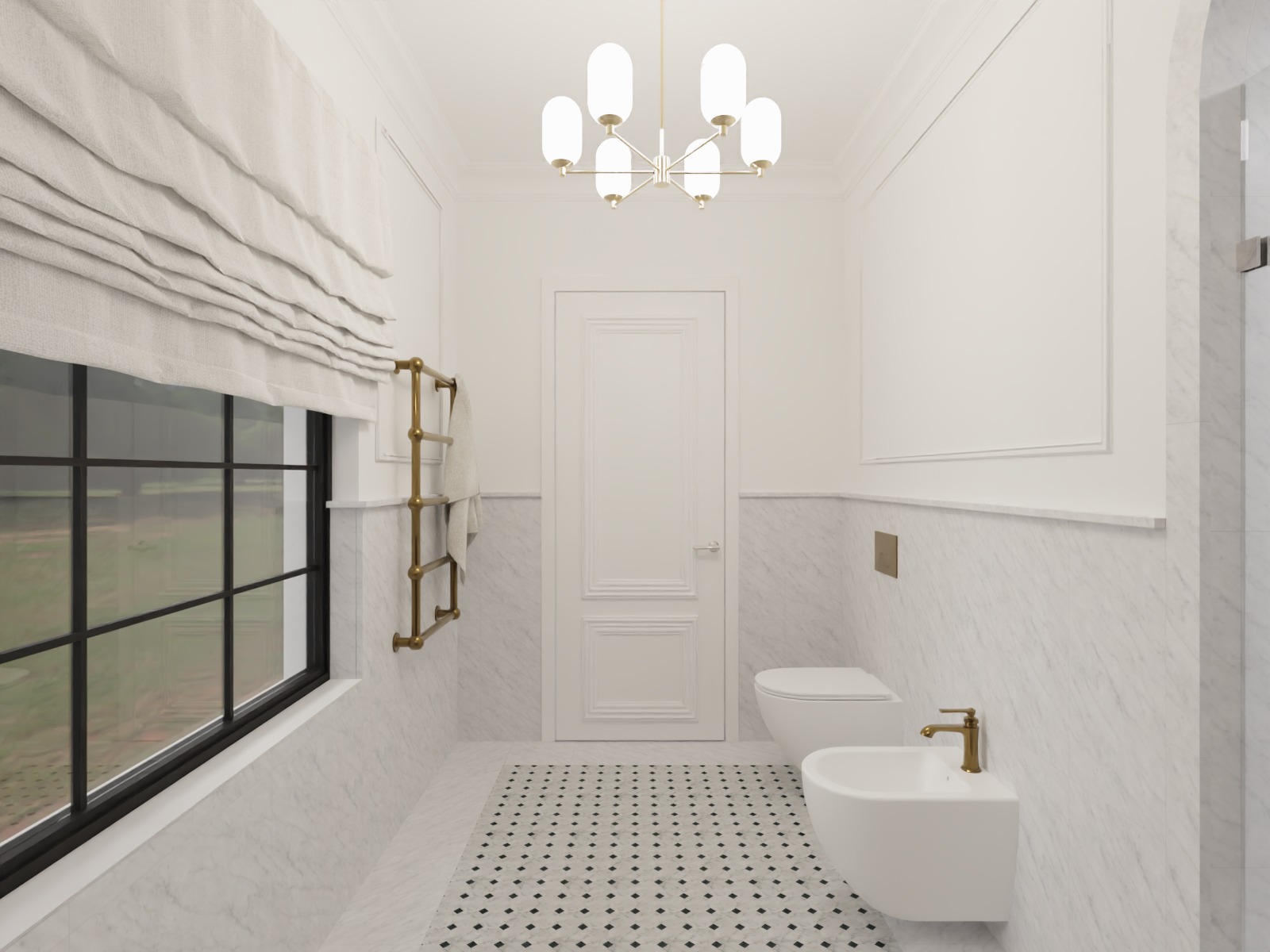 Elegancka, jasna łazienka z marmurowymi płytkami, bidetem, toaletą i grzejnikiem drabinkowym w kolorze złota. Okno z roletą rzymską i designerski żyrandol.