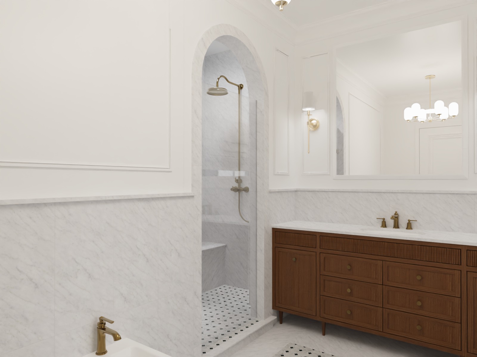 Elegancka łazienka w bieli i brązie: marmurowe płytki, kabina prysznicowa z łukowym wejściem, drewniana szafka pod umywalką i złote akcenty.
