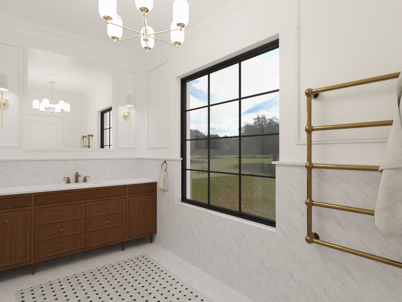 Elegancka łazienka z marmurowymi ścianami, drewnianą szafką pod umywalką i złotym grzejnikiem drabinkowym. Duże okno z widokiem na zieleń.
