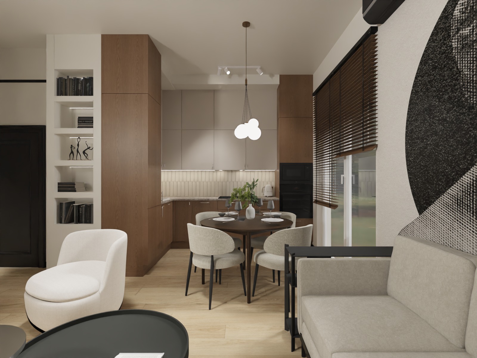 Wnętrze mieszkania: salon z aneksem kuchennym, okrągły stół z krzesłami, sofa, fotel, zabudowa kuchenna w odcieniach brązu i beżu, dekoracyjna lampa wisząca.