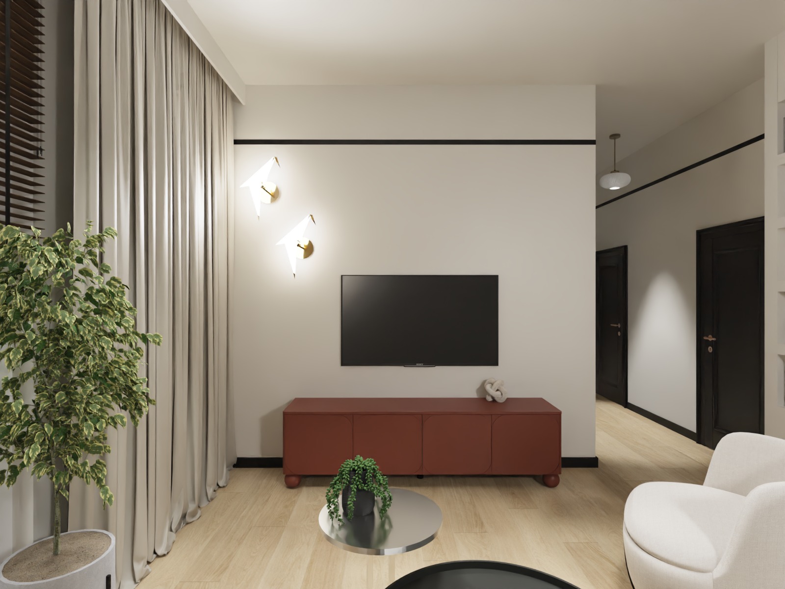 Minimalistyczny salon z telewizorem, czerwoną szafką RTV, designerskimi lampami w kształcie ptaków i roślinami doniczkowymi. Jasne drewno na podłodze.