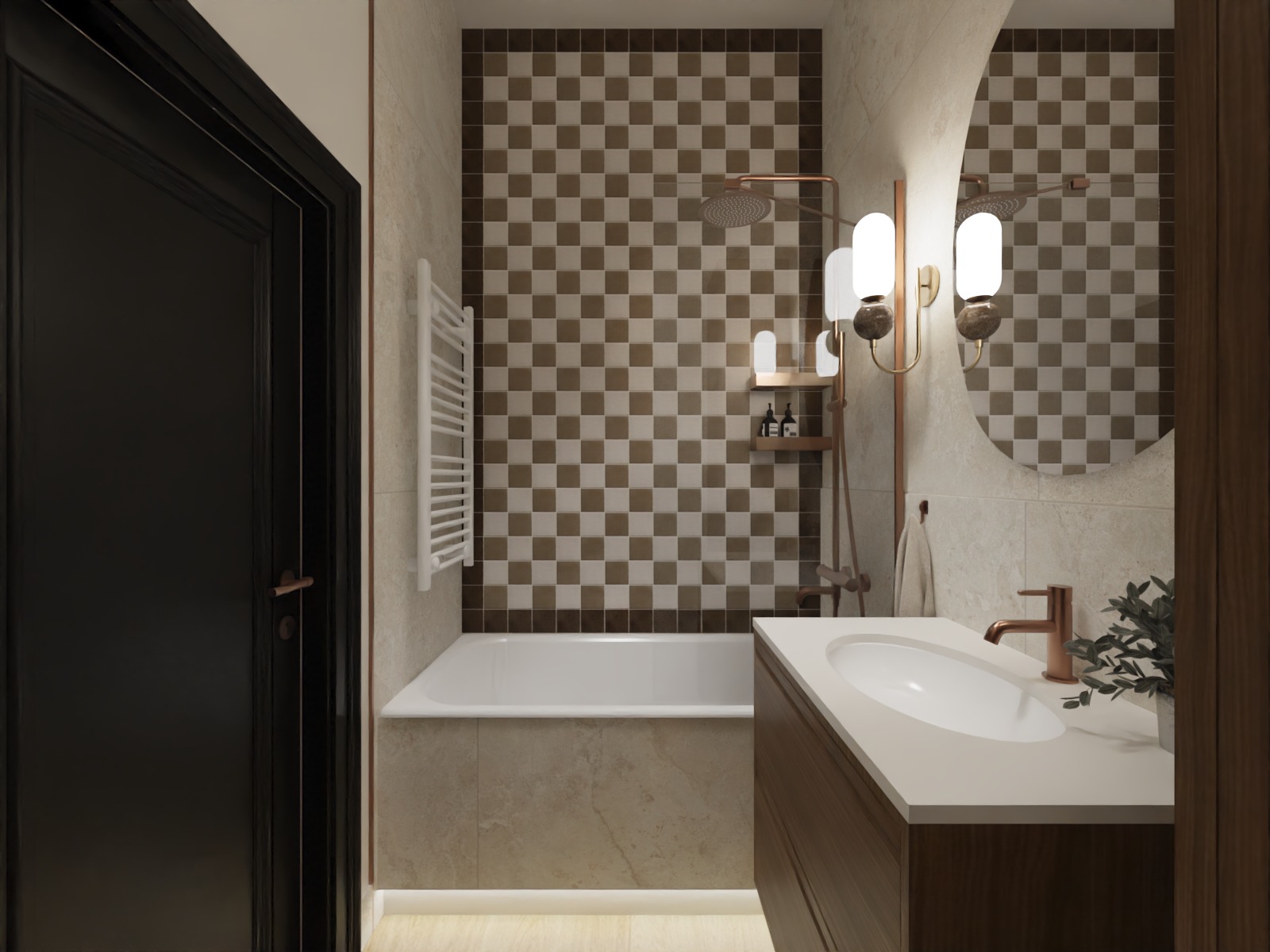 Nowoczesna łazienka z mozaiką w brązach, owalnym lustrem i armaturą w kolorze miedzi. Umywalka z szafką z ciemnego drewna, biały grzejnik drabinkowy.