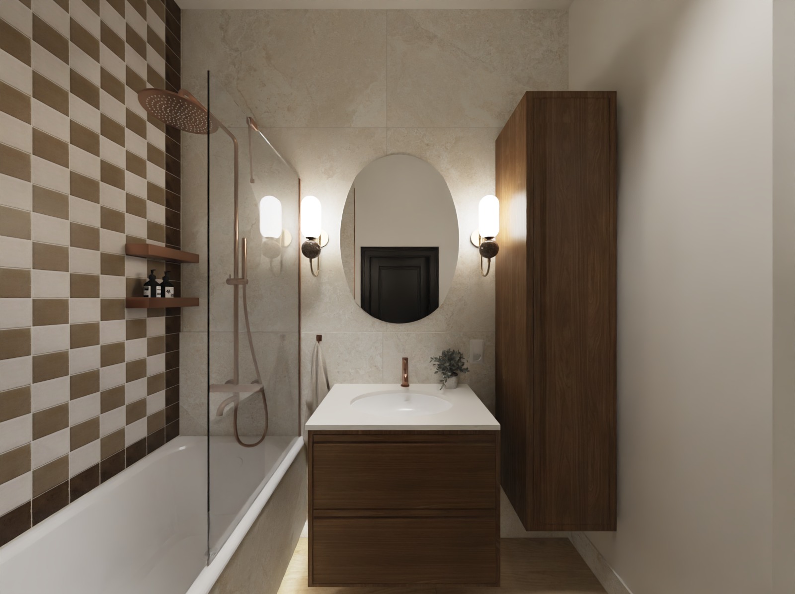 Nowoczesna łazienka z wanną za szklaną ścianką, umywalką z szafką z drewna i owalnym lustrem podświetlonym kinkietami. Płytki w szachownicę i beżowe płytki na ścianach.