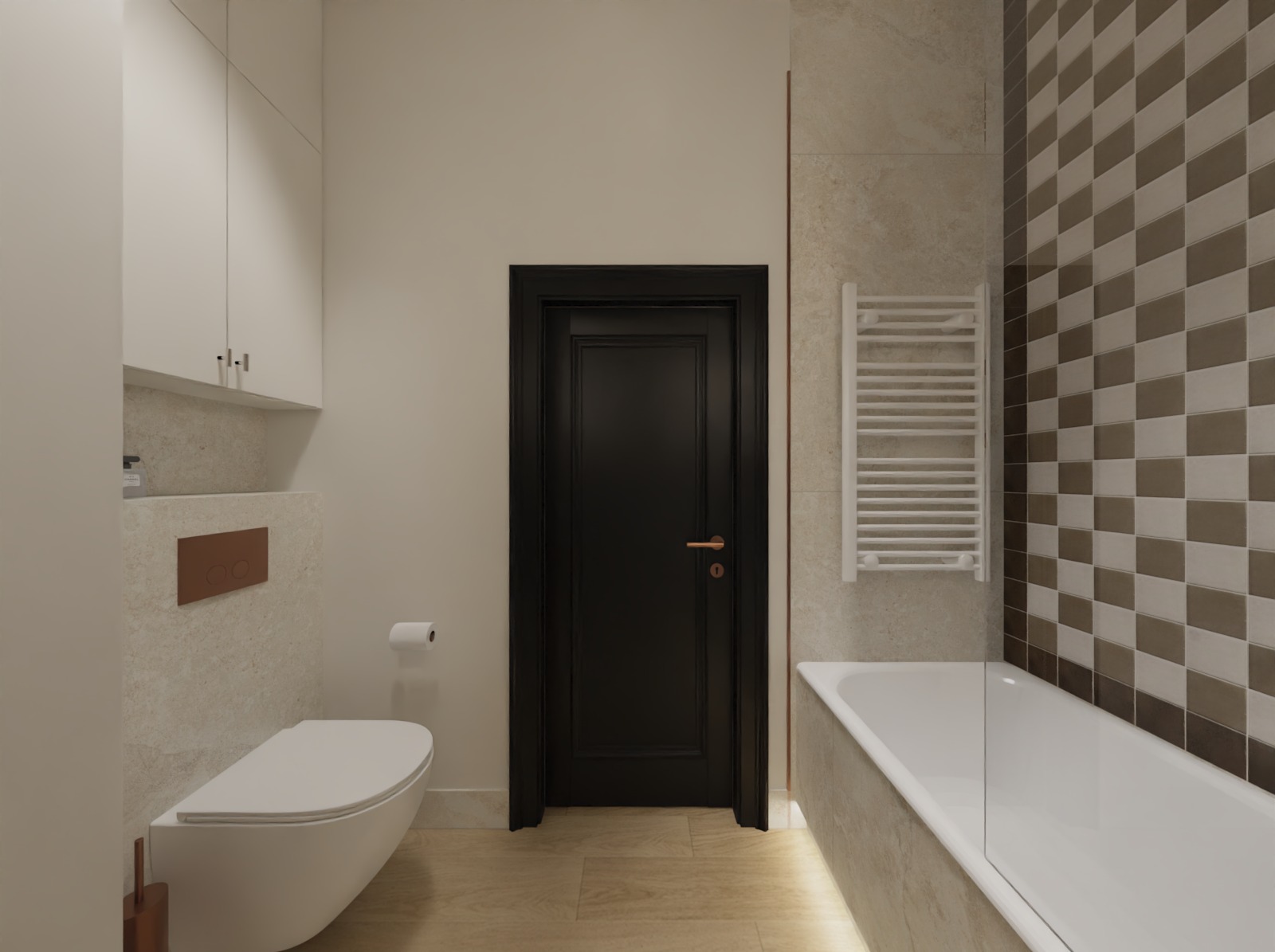 Nowoczesna łazienka z wiszącą toaletą, czarnymi drzwiami i grzejnikiem drabinkowym. Płytki w szachownicę dodają charakteru. Jasne, ciepłe oświetlenie.