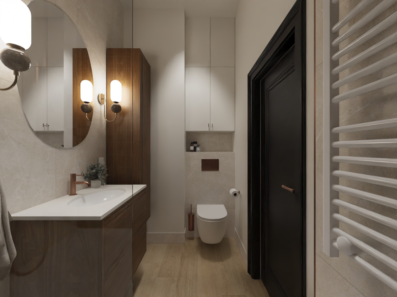 Nowoczesna łazienka z drewnianą szafką pod umywalką, okrągłym lustrem i czarnymi drzwiami. Beżowe płytki i minimalistyczne oświetlenie tworzą elegancki wystrój.