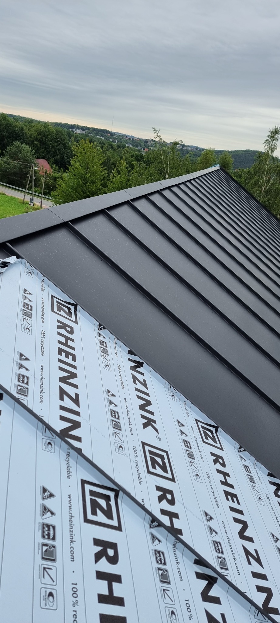 Częściowy widok dachu z blachy na rąbek stojący w kolorze grafitowym, z widoczną membraną dachową marki Rheinzink. W tle zieleń drzew i pochmurne niebo.