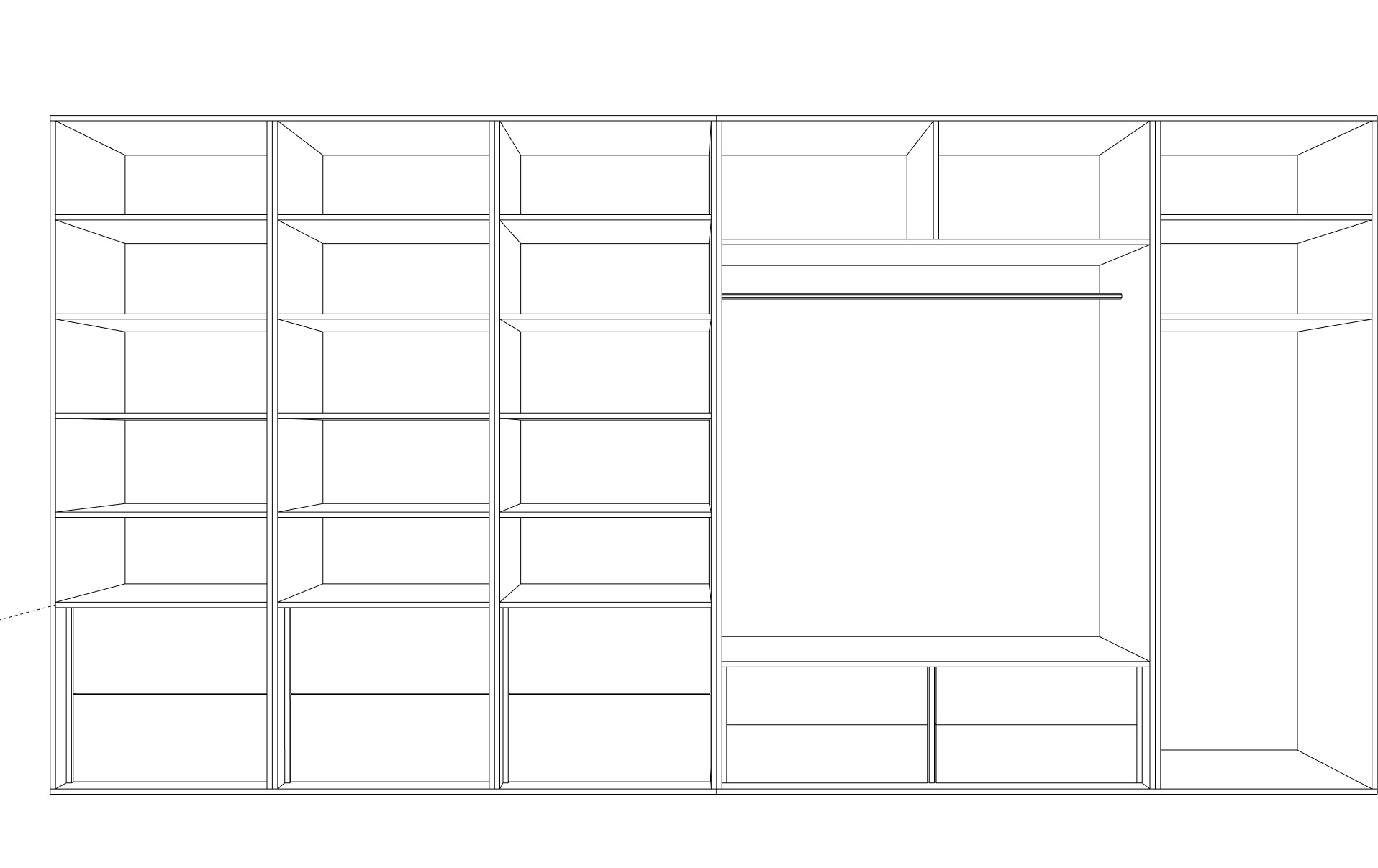 Szkic szafy na wymiar z licznymi półkami, drążkiem na ubrania i szufladami. Prosta, minimalistyczna linia projektu w kolorze białym. Wizualizacja 3D.