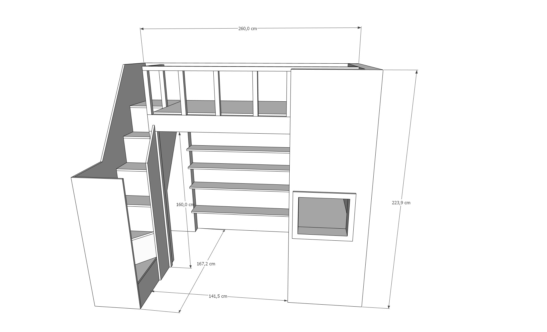 Schemat szafy z antresolą i schodami, ukazujący wymiary 260x141.5 cm, wysokość 223.9 cm, z półkami i szafką. Prezentacja detali konstrukcyjnych i przestrzennych mebla.