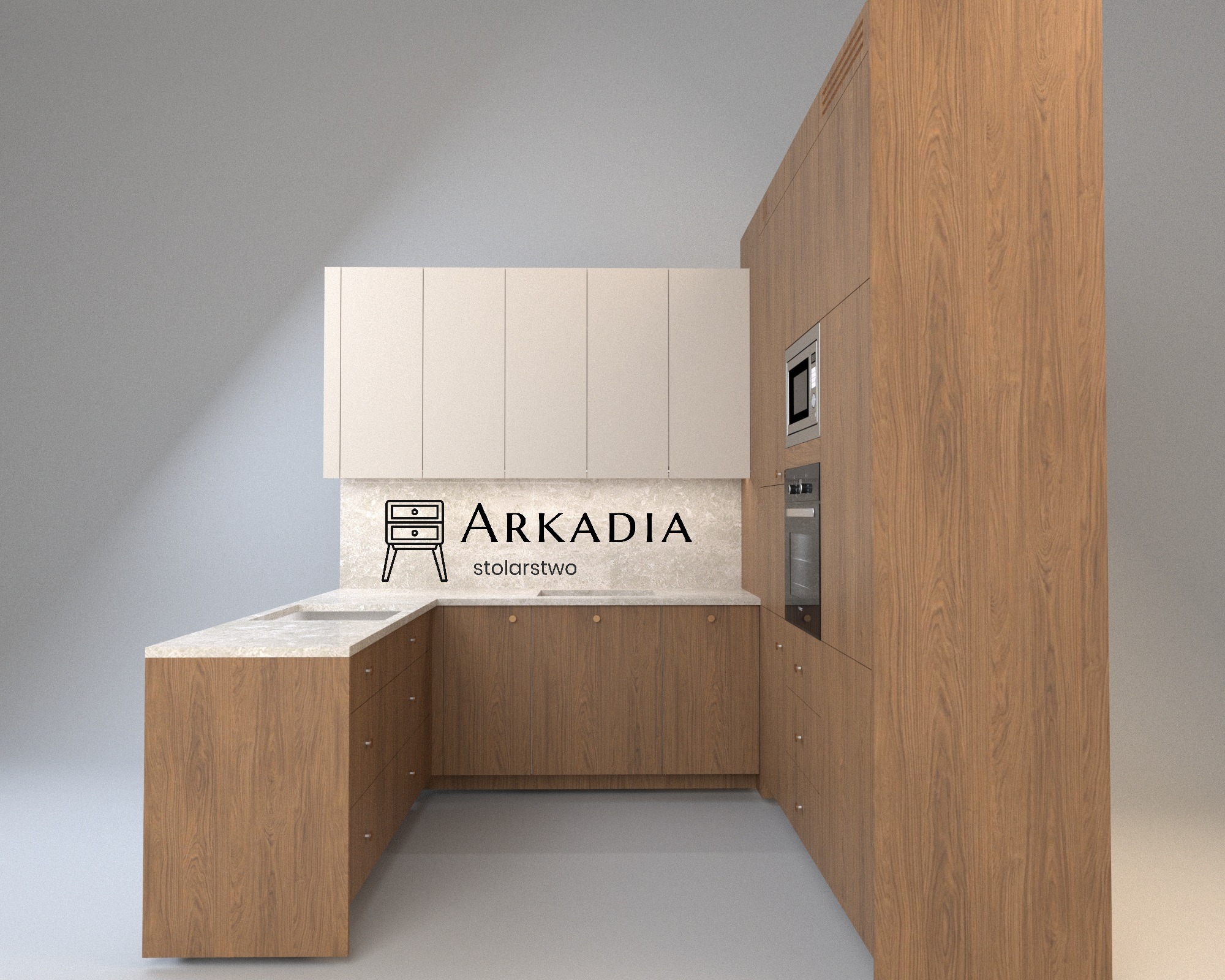 Nowoczesna kuchnia w kształcie litery U z drewnianymi frontami i białymi szafkami wiszącymi. Na ścianie logo firmy stolarskiej. Widoczny piekarnik i mikrofalówka.