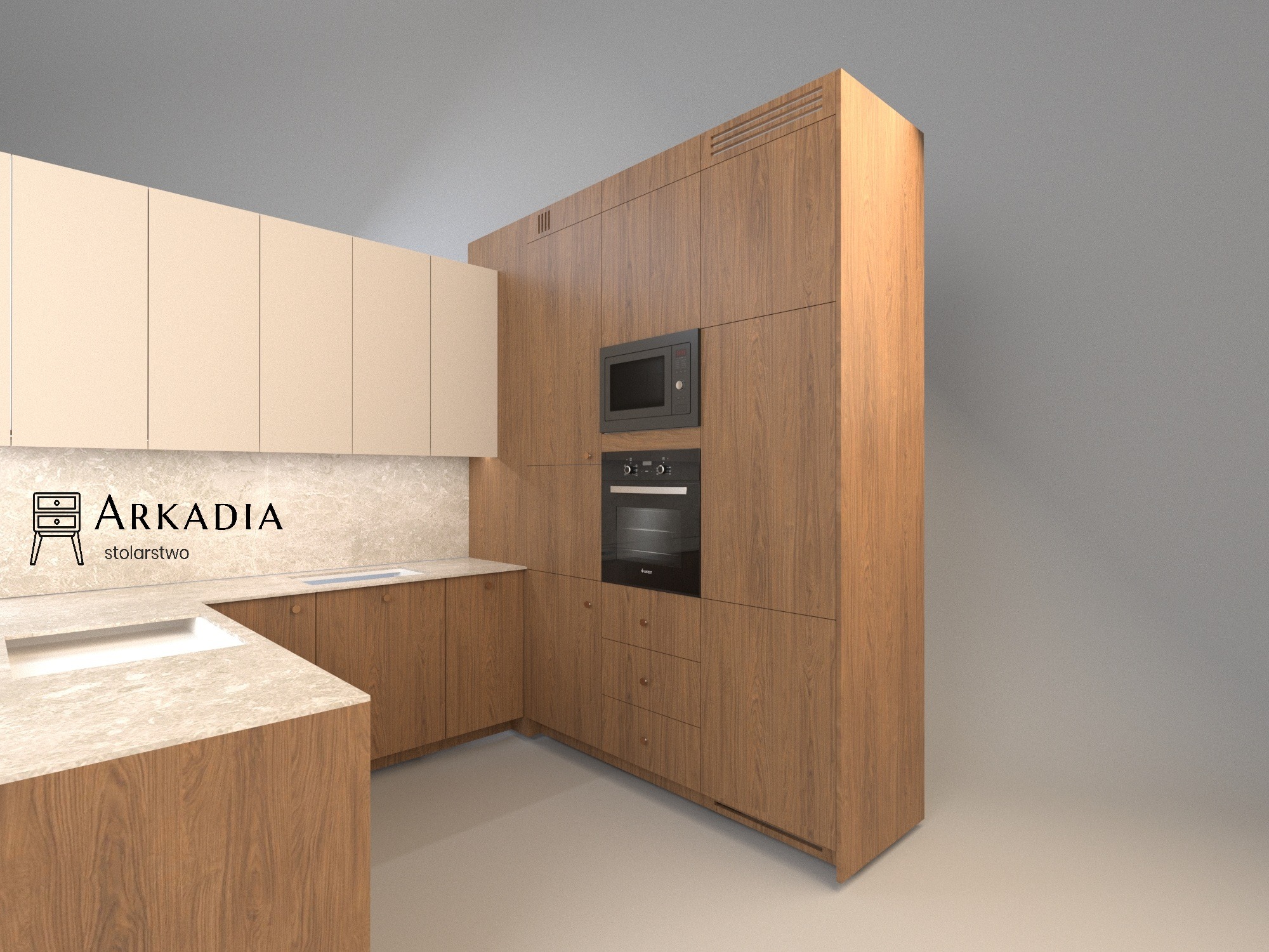 Nowoczesna kuchnia z drewnianymi frontami i beżowymi szafkami górnymi, z wbudowanym piekarnikiem i mikrofalówką. Ujęcie z perspektywy, z logo firmy w tle.