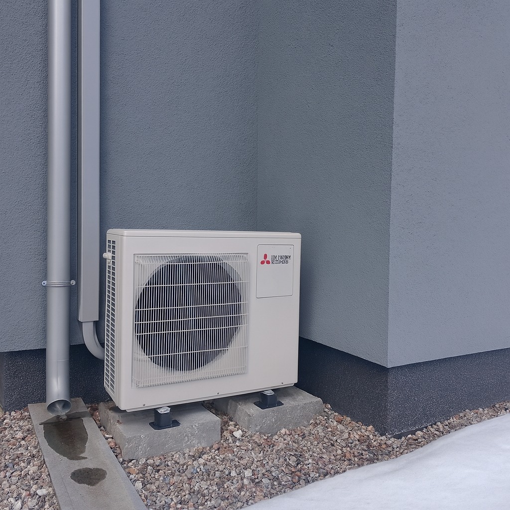 Zewnętrzna jednostka klimatyzacji Mitsubishi na betonowych podstawach przy szarej elewacji domu z rurą spustową. Drobny żwir i ślady śniegu wokół.