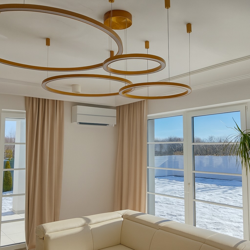 Nowoczesny salon z klimatyzatorem na ścianie, okna z widokiem na zimowy krajobraz i designerskie, okrągłe lampy wiszące. Jasne wnętrze, beżowe zasłony i sofa.