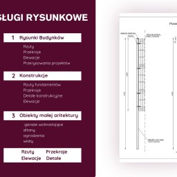 Mateusz Toboła - Rysunek techniczny przekroju A-A z wymiarami, detalami konstrukcyjnymi i opisami elementów, prezentowany na tle z listą usług rysunkowych.