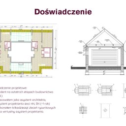 Mateusz Toboła - Rysunek techniczny z wymiarami: plan budynku z zaznaczonymi pomieszczeniami i przekrój pionowy z detalami konstrukcyjnymi. Prezentacja doświadczenia projektowego.