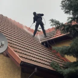 Pracownik w kombinezonie myje czerwoną dachówkę myjką ciśnieniową. Widok z dołu na dom z anteną satelitarną i fragmentem iglastego drzewa.