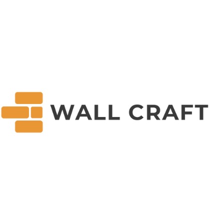 Logo 'Wall Craft' z motywem cegieł w kolorze pomarańczowym, umieszczonym po lewej stronie nazwy firmy. Ciemnoszary, prosty font.