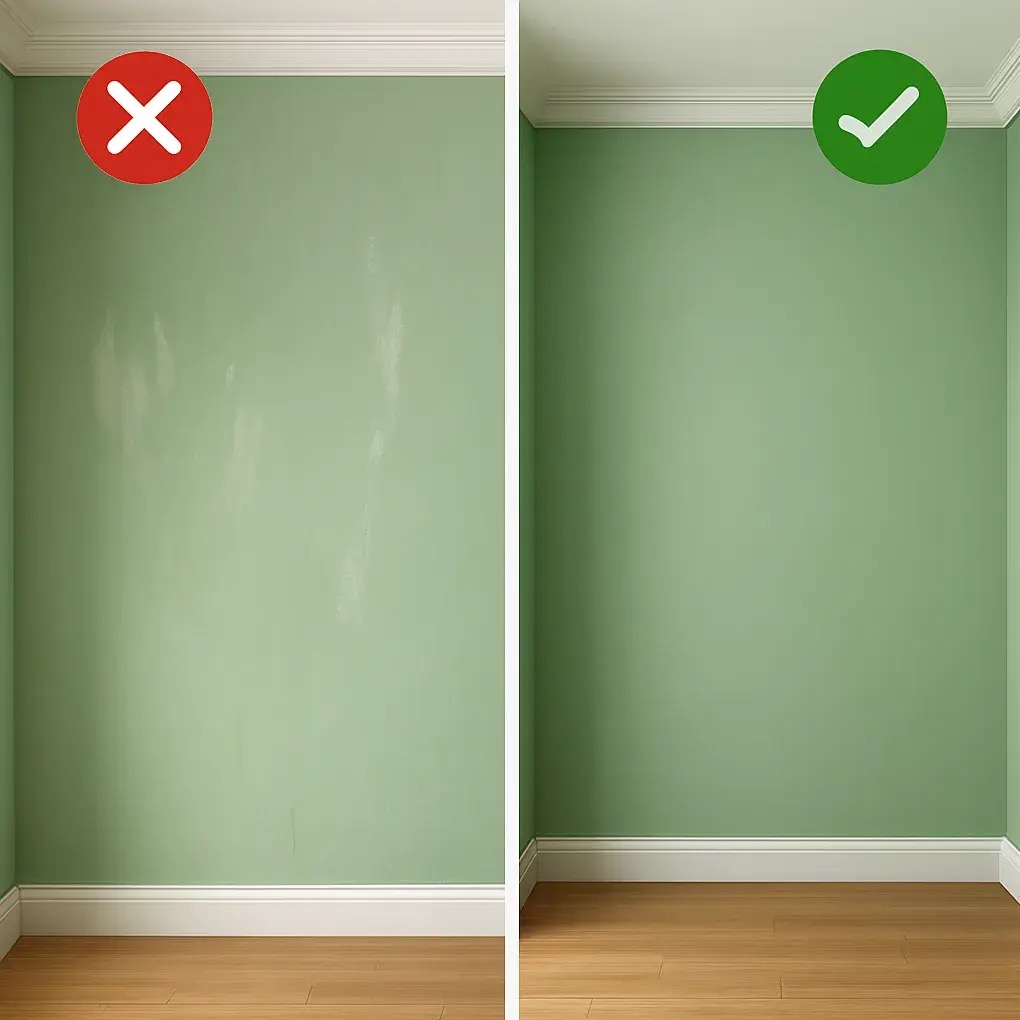 Ściana w pokoju przed i po malowaniu na zielono, z wyraźną różnicą w jakości wykończenia. Po lewej stronie ściana z niedoskonałościami, po prawej idealnie pomalowana.